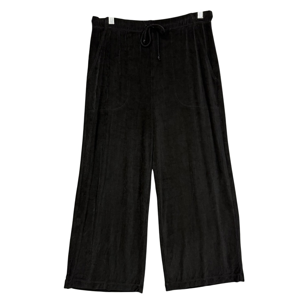 Chicos Travelers Pants 2 Womens 12 Black Wide Leg Cropped Slinky Knit Drawstring